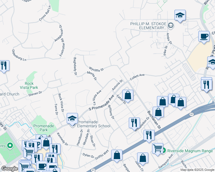 map of restaurants, bars, coffee shops, grocery stores, and more near 2960 La Vista Avenue in Corona