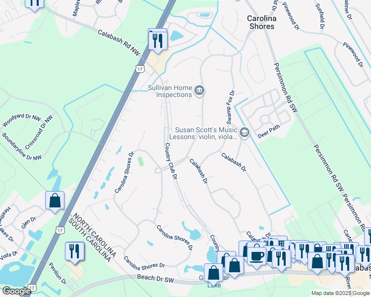 map of restaurants, bars, coffee shops, grocery stores, and more near 5 Carolina Shores Parkway in Carolina Shores