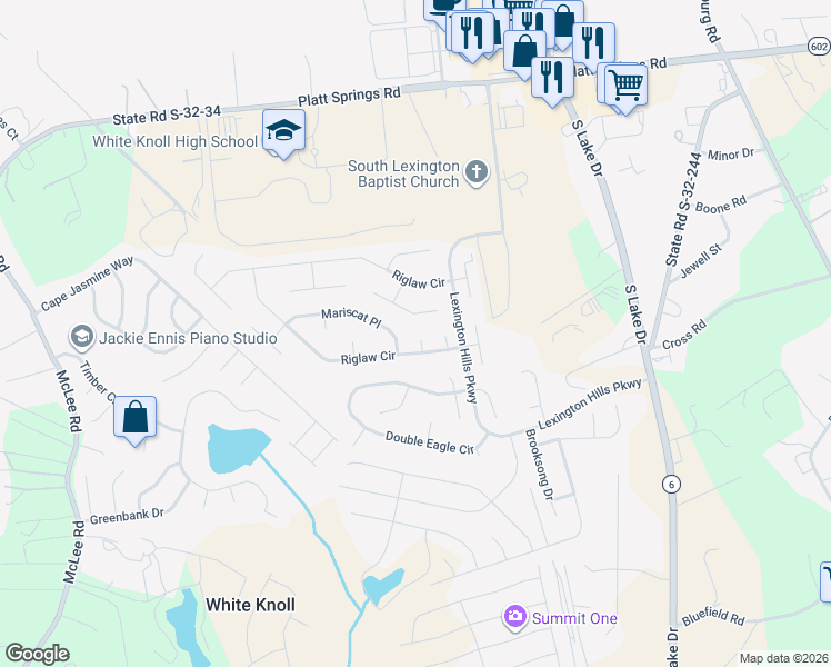 map of restaurants, bars, coffee shops, grocery stores, and more near 116 Mariscat Place in Lexington