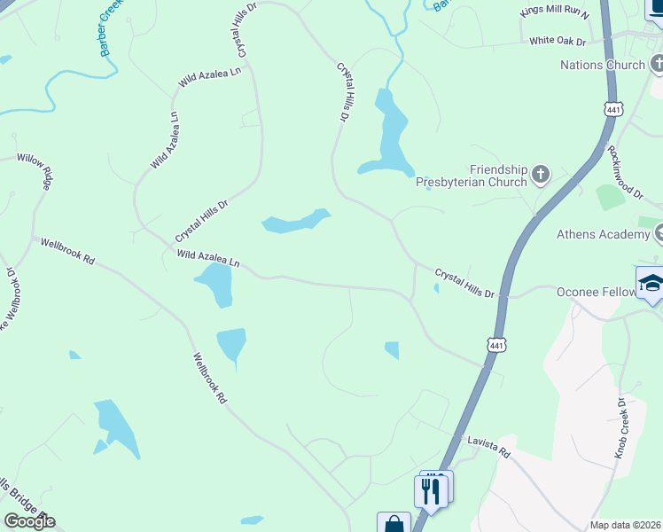 map of restaurants, bars, coffee shops, grocery stores, and more near 1641 Wild Azalea Lane in Athens
