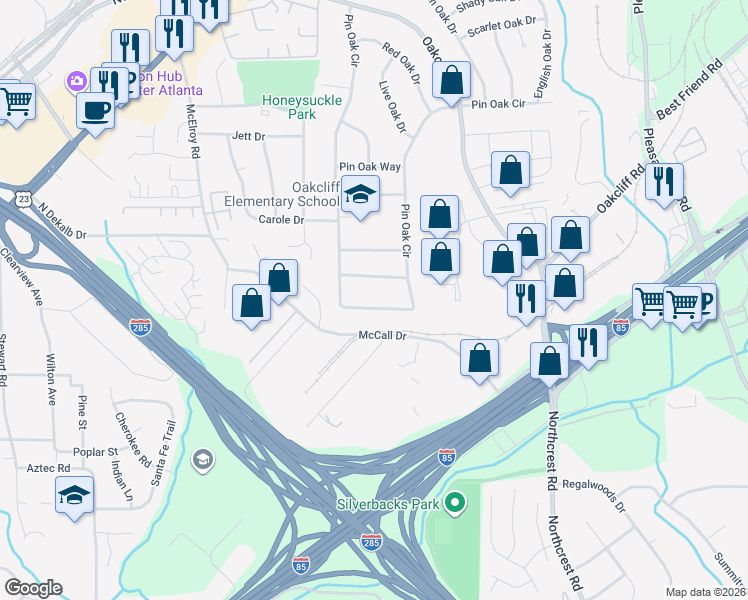 map of restaurants, bars, coffee shops, grocery stores, and more near 3647 Pin Oak Cir in Doraville