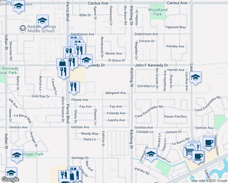 map of restaurants, bars, coffee shops, grocery stores, and more near 25376 Margaret Avenue in Moreno Valley