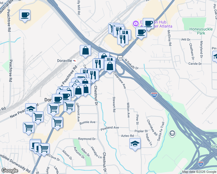 map of restaurants, bars, coffee shops, grocery stores, and more near 3712 Stewart Road in Doraville
