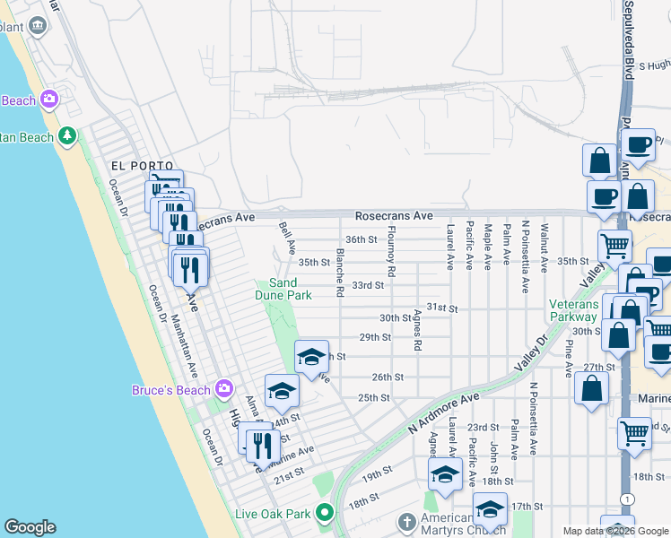 map of restaurants, bars, coffee shops, grocery stores, and more near 594 35th Street in Manhattan Beach