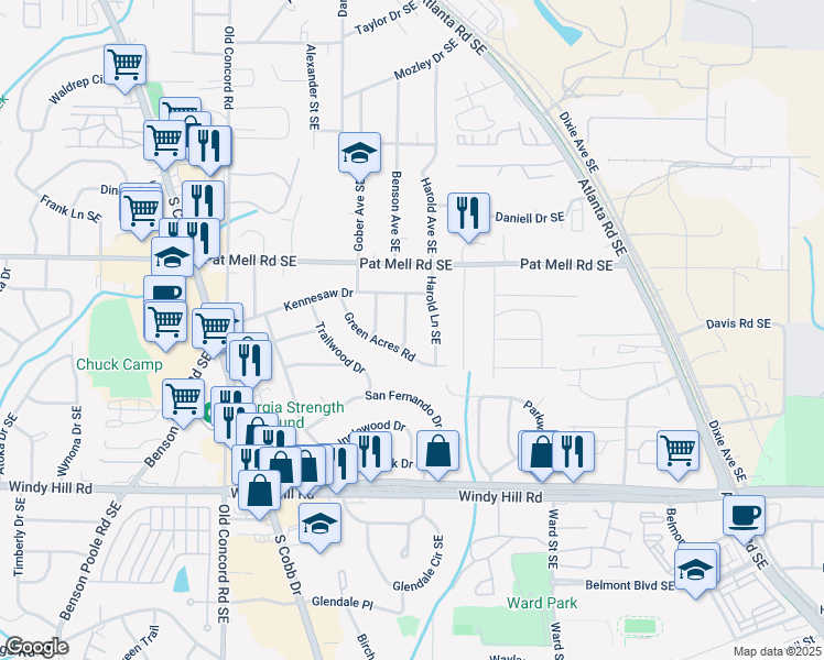 map of restaurants, bars, coffee shops, grocery stores, and more near 2191 Fairfield Street in Smyrna