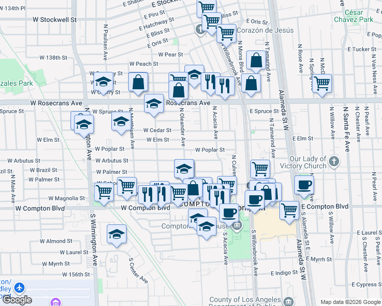 map of restaurants, bars, coffee shops, grocery stores, and more near 400B West Poplar Street in Compton