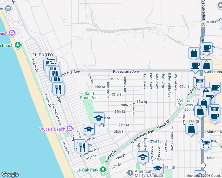 map of restaurants, bars, coffee shops, grocery stores, and more near 608 35th Street in Manhattan Beach