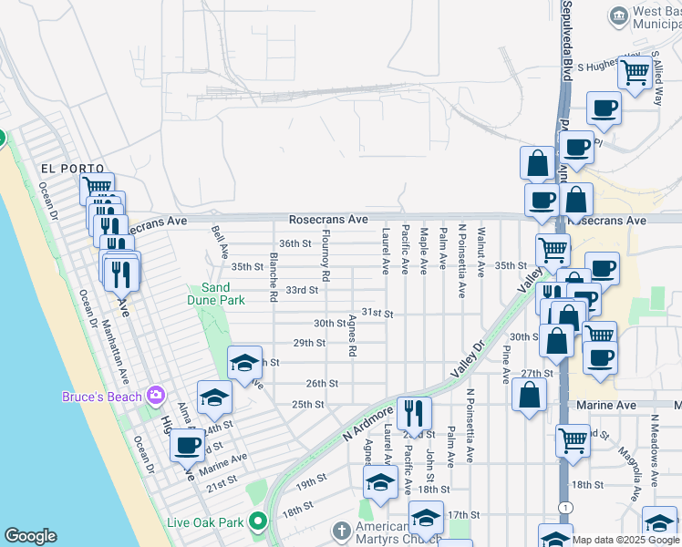 map of restaurants, bars, coffee shops, grocery stores, and more near 701 35th Street in Manhattan Beach