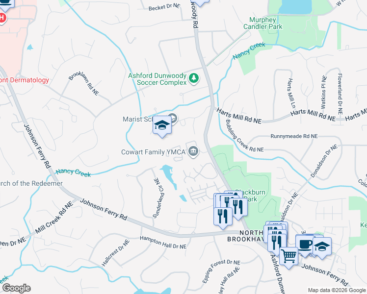 map of restaurants, bars, coffee shops, grocery stores, and more near 3724 Ashford Dunwoody Road Northeast in Atlanta