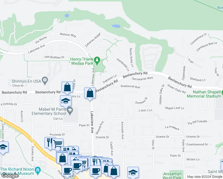 map of restaurants, bars, coffee shops, grocery stores, and more near 18640 Seabiscuit Run in Yorba Linda