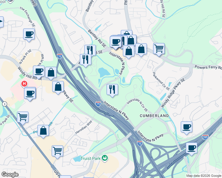 map of restaurants, bars, coffee shops, grocery stores, and more near 180 Interstate North Parkway East Southeast in Atlanta