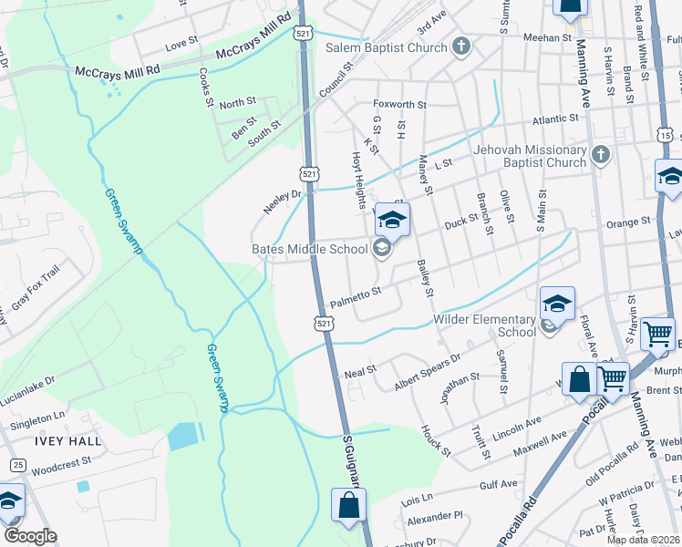 map of restaurants, bars, coffee shops, grocery stores, and more near 714 Estate Street in Sumter
