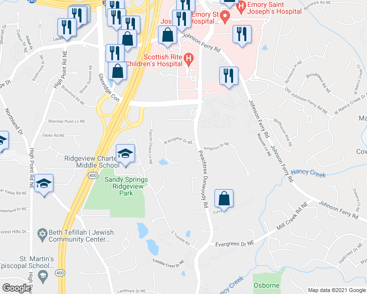 map of restaurants, bars, coffee shops, grocery stores, and more near 1005 West Kingston Drive Northeast in Atlanta