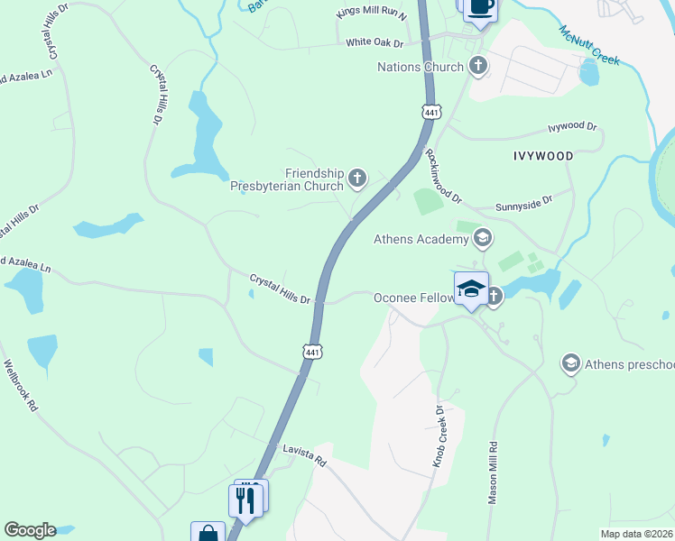 map of restaurants, bars, coffee shops, grocery stores, and more near 8420 Macon Highway in Athens
