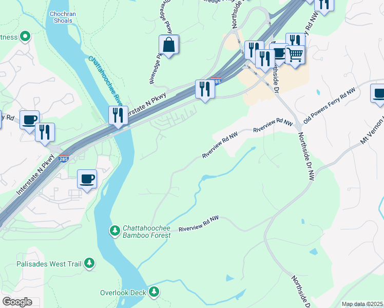 map of restaurants, bars, coffee shops, grocery stores, and more near 5090 Riverview Road Northwest in Atlanta