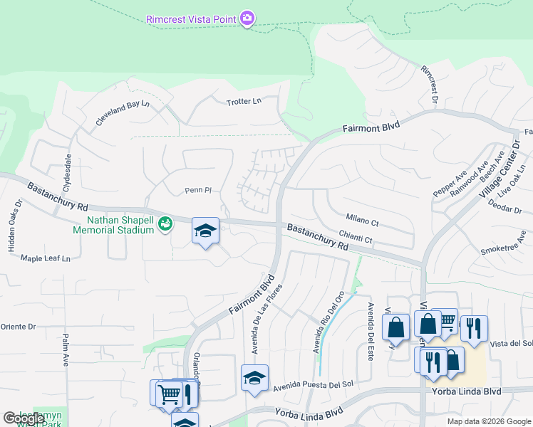 map of restaurants, bars, coffee shops, grocery stores, and more near 19948 Villa Medici in Yorba Linda