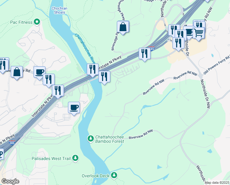 map of restaurants, bars, coffee shops, grocery stores, and more near 329 Riversedge Drive in Atlanta