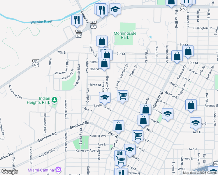 map of restaurants, bars, coffee shops, grocery stores, and more near 1612 Garfield Street in Wichita Falls