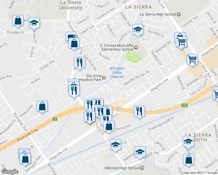 map of restaurants, bars, coffee shops, grocery stores, and more near 3988 Rancho Del Oro Drive in Riverside
