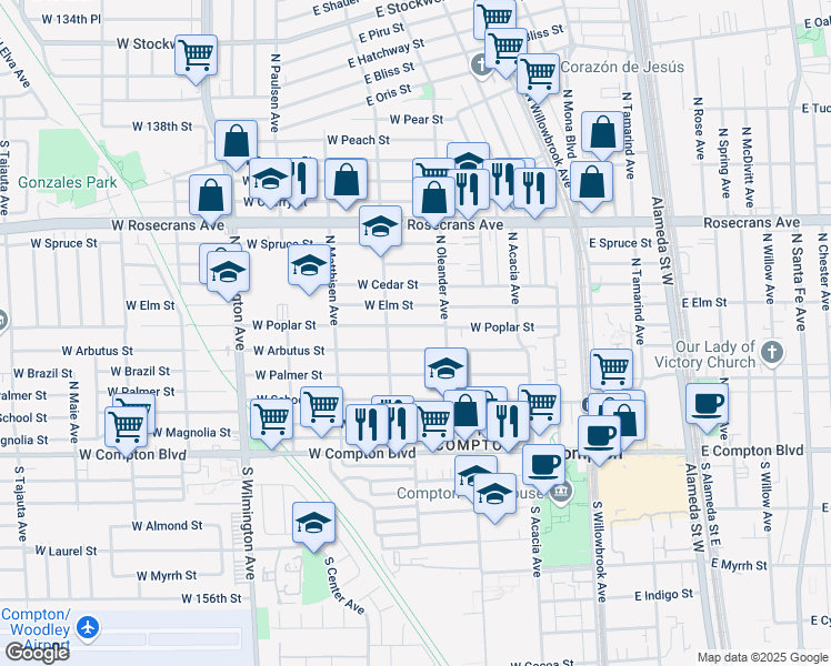 map of restaurants, bars, coffee shops, grocery stores, and more near 442 West Poplar Street in Compton