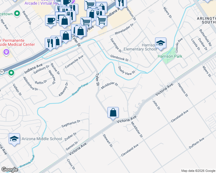 map of restaurants, bars, coffee shops, grocery stores, and more near 2957 McAllister Street in Riverside