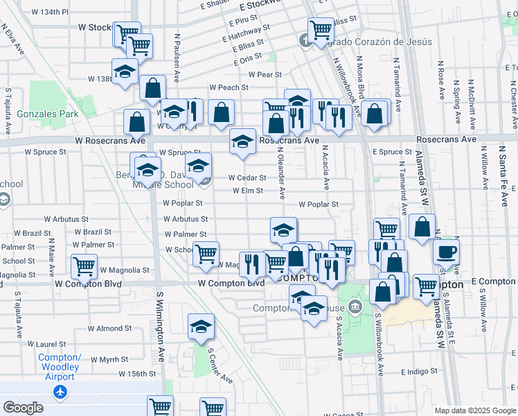 map of restaurants, bars, coffee shops, grocery stores, and more near 434 West Poplar Street in Compton