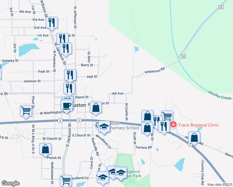 map of restaurants, bars, coffee shops, grocery stores, and more near Hill Avenue in Houston