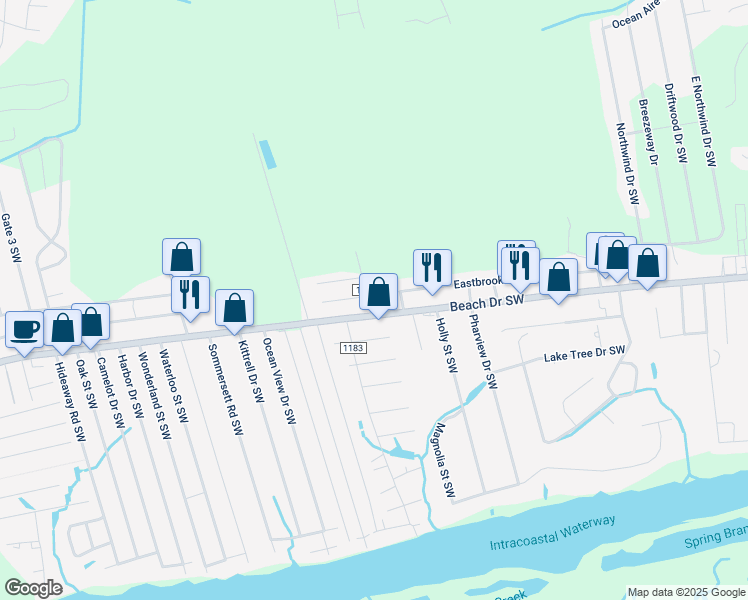 map of restaurants, bars, coffee shops, grocery stores, and more near 1689 Coastal Pine Drive Southwest in Ocean Isle Beach