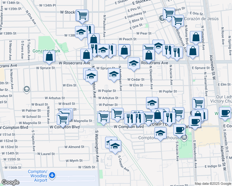 map of restaurants, bars, coffee shops, grocery stores, and more near 614 West Poplar Street in Compton