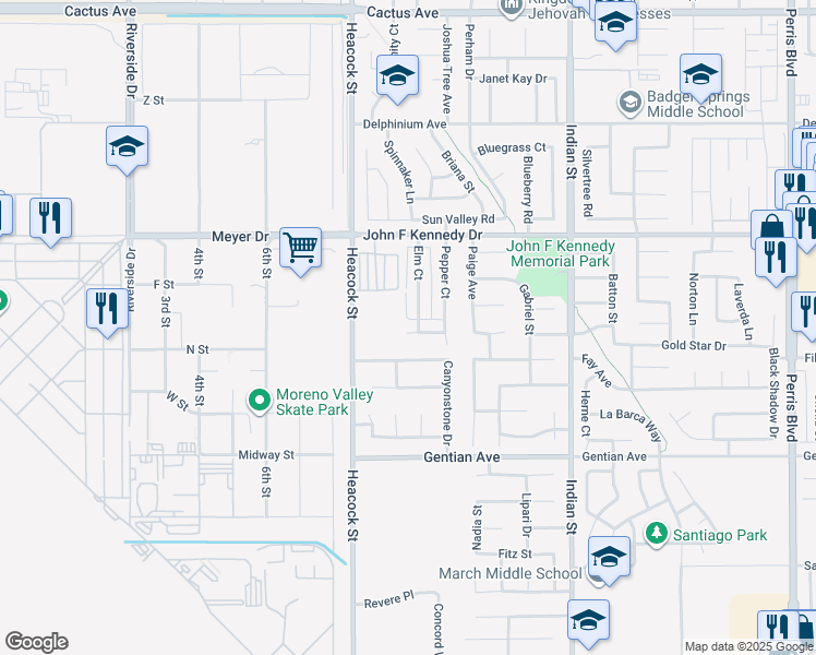 map of restaurants, bars, coffee shops, grocery stores, and more near 24130 Clover Avenue in Moreno Valley