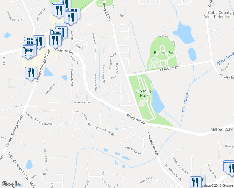 map of restaurants, bars, coffee shops, grocery stores, and more near 1171 Cumberland Creek Way Southwest in Marietta