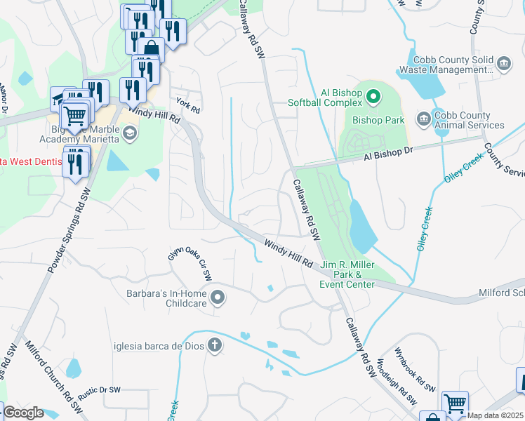 map of restaurants, bars, coffee shops, grocery stores, and more near 1177 Cumberland Creek Way Southwest in Marietta