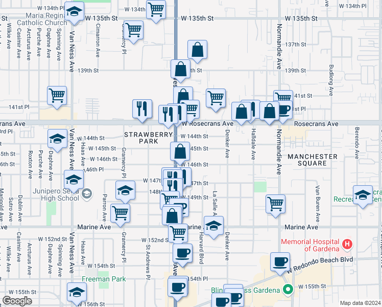 map of restaurants, bars, coffee shops, grocery stores, and more near in Gardena