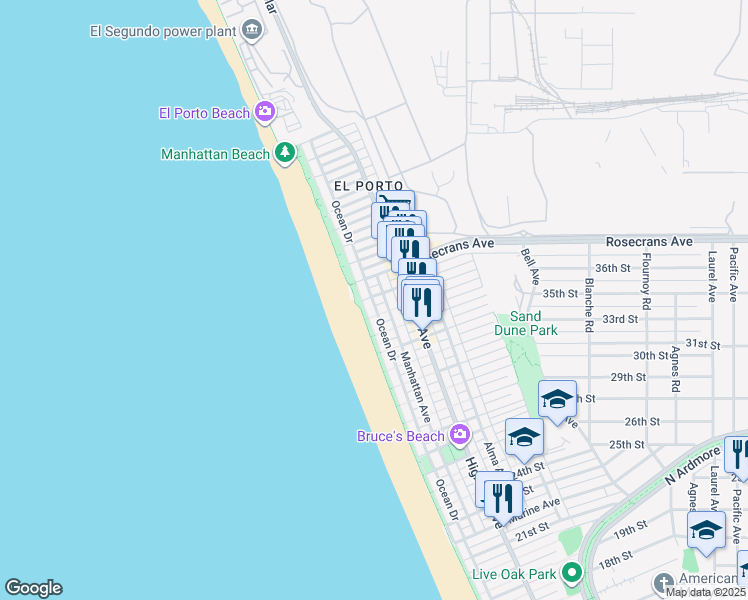 map of restaurants, bars, coffee shops, grocery stores, and more near 112 36th Street in Manhattan Beach