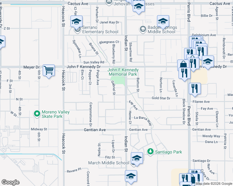 map of restaurants, bars, coffee shops, grocery stores, and more near 24416 Filaree Avenue in Moreno Valley