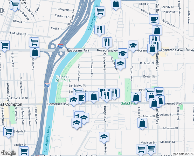 map of restaurants, bars, coffee shops, grocery stores, and more near 6823 San Vincente Street in Paramount