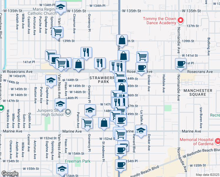map of restaurants, bars, coffee shops, grocery stores, and more near 1838 West 145th Street in Gardena