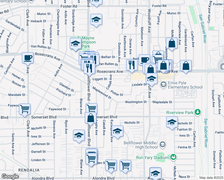 map of restaurants, bars, coffee shops, grocery stores, and more near 9917 Potter Street in Bellflower
