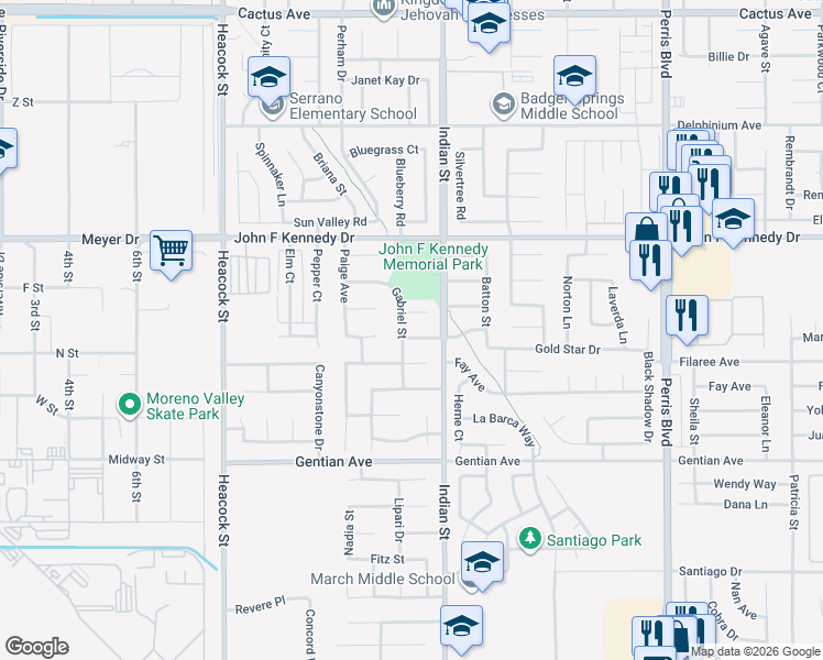 map of restaurants, bars, coffee shops, grocery stores, and more near 24416 Filaree Avenue in Moreno Valley