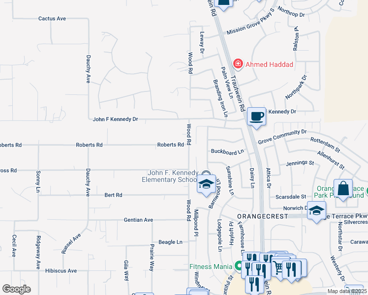 map of restaurants, bars, coffee shops, grocery stores, and more near 18995 Roberts Road in Riverside
