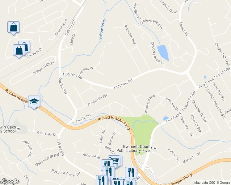 map of restaurants, bars, coffee shops, grocery stores, and more near 2798 Hutchins Road in Lawrenceville