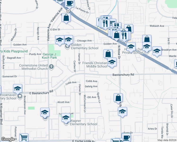 map of restaurants, bars, coffee shops, grocery stores, and more near 2101 Traynor Avenue in Placentia