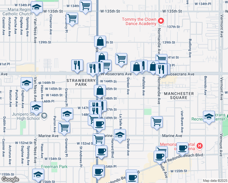 map of restaurants, bars, coffee shops, grocery stores, and more near 1650 West 145th Street in Gardena