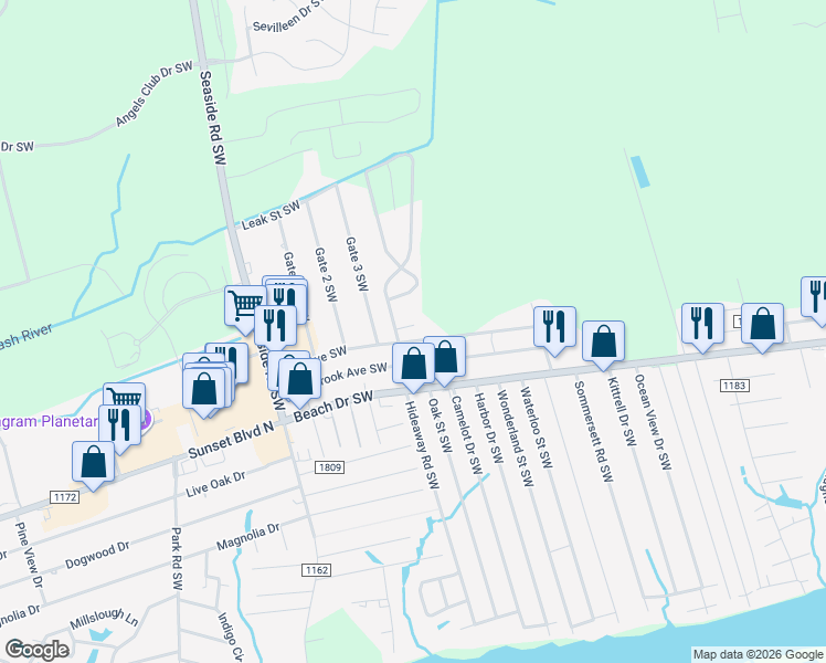 map of restaurants, bars, coffee shops, grocery stores, and more near 7174 Winnipeg Court Southwest in Ocean Isle Beach