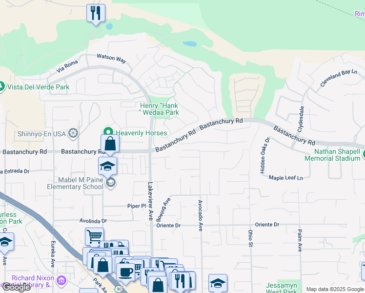 map of restaurants, bars, coffee shops, grocery stores, and more near 18640 Seabiscuit Run in Yorba Linda