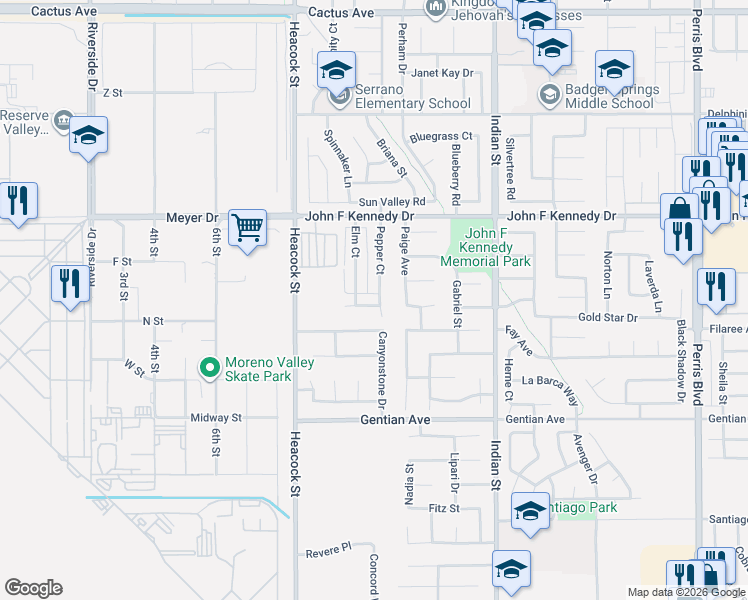map of restaurants, bars, coffee shops, grocery stores, and more near 15188 Pepper Court in Moreno Valley
