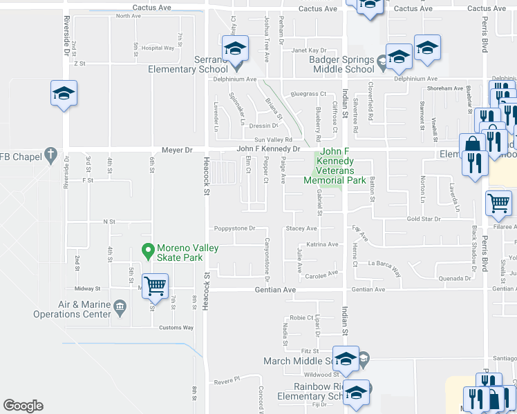 map of restaurants, bars, coffee shops, grocery stores, and more near 15188 Pepper Court in Moreno Valley
