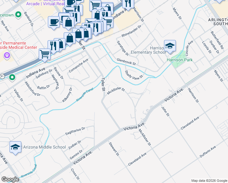 map of restaurants, bars, coffee shops, grocery stores, and more near 2957 McAllister Street in Riverside