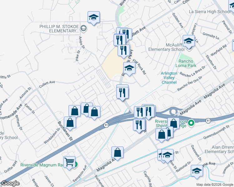 map of restaurants, bars, coffee shops, grocery stores, and more near 4000 Pierce Street in Riverside