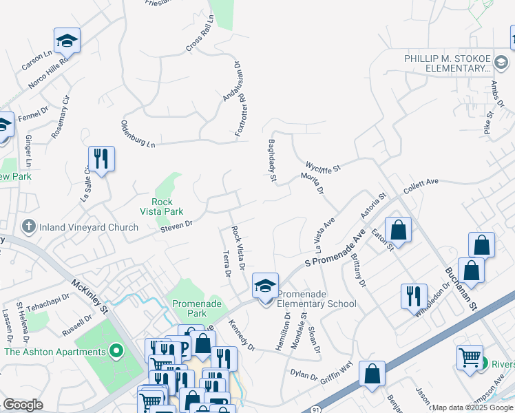 map of restaurants, bars, coffee shops, grocery stores, and more near 2680 Presidio Circle in Corona